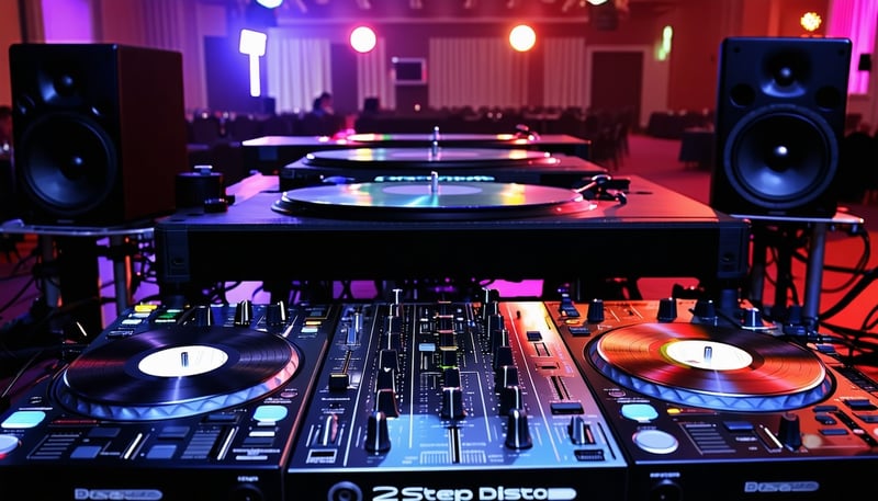 2Step Disco DJ set up in North Bristol, featuring vinyl records and digital equipment 2Step Disco DJ set up in North Bristol, featuring vinyl records and digital equipment