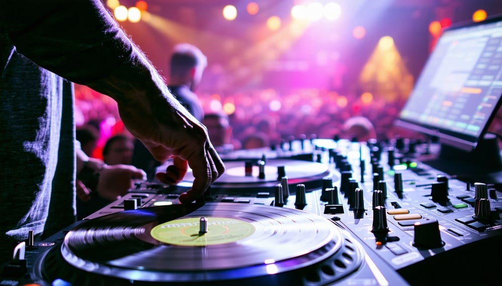 DJ mixing vinyl and digital tracks at an event DJ mixing vinyl and digital tracks at an event
